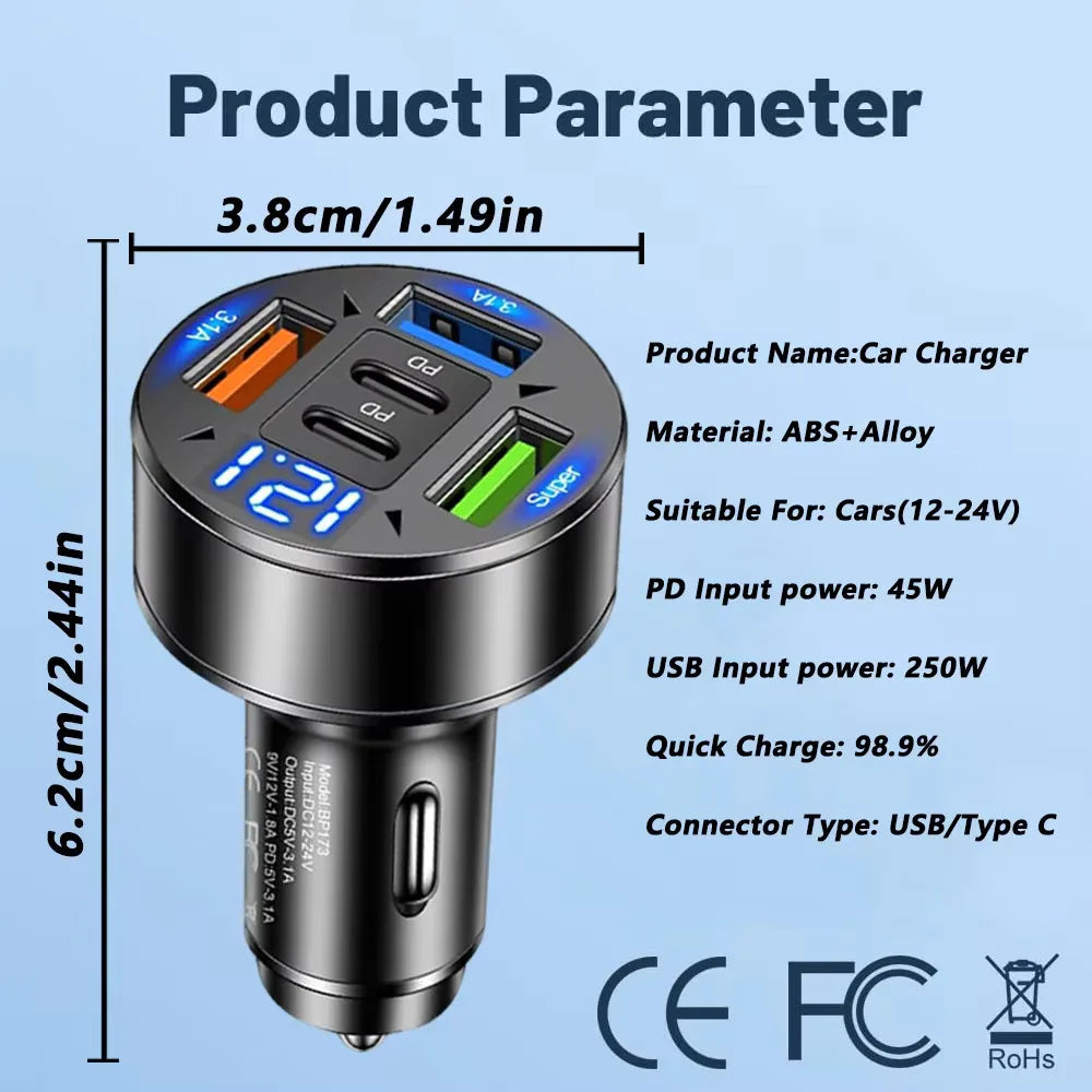250W 5-in-1 PD QC3.0 Car Charger Fast Charging USB C for IPhone,Samsung Galaxy, IPad Pro, Multi-Port Cigarette Lighter Adapter