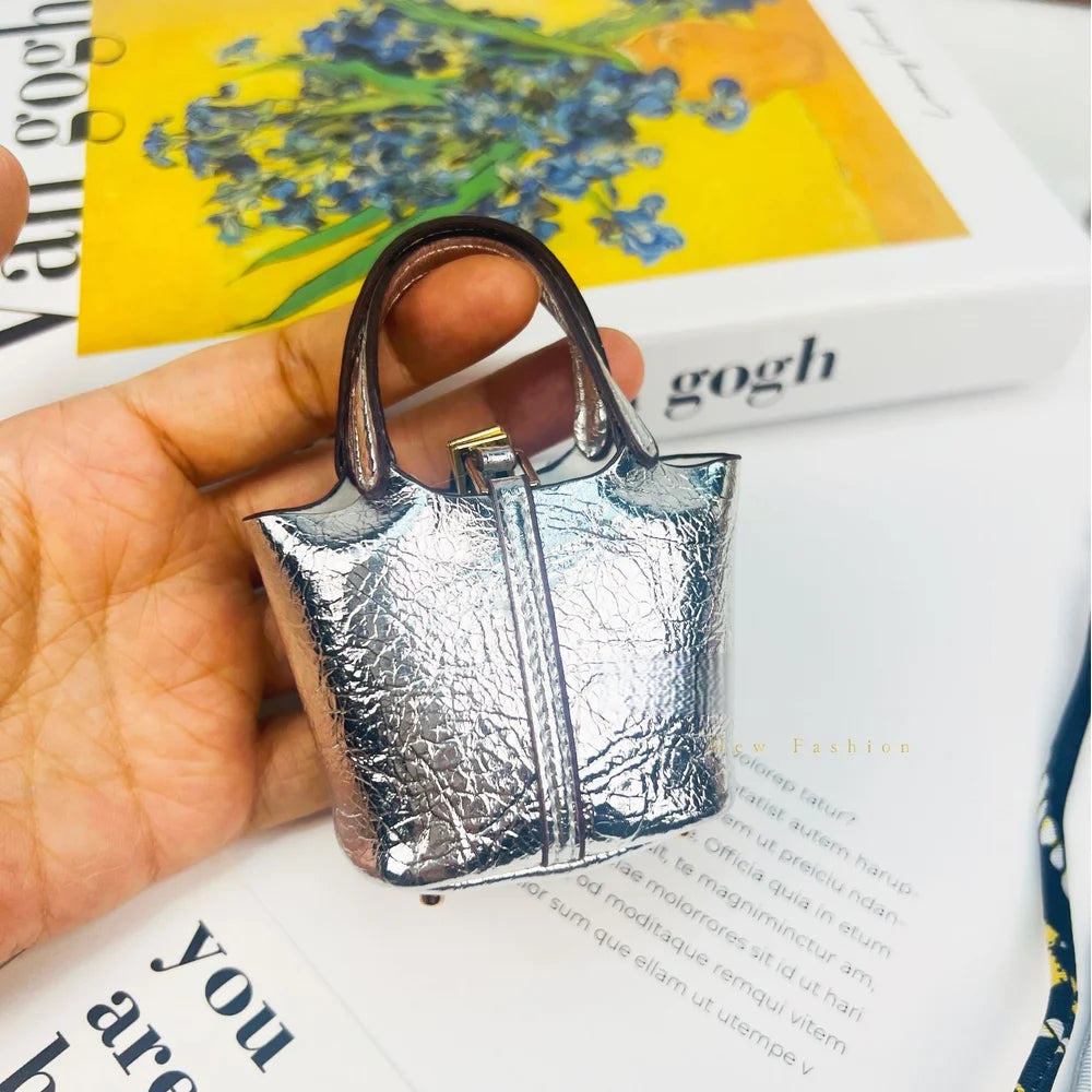 Cute bucket Bag Mini Basket Tote Pouch Pendant Lightweight Leather Car Keychain Bluetooth Earphone Case Small Storage Handbag