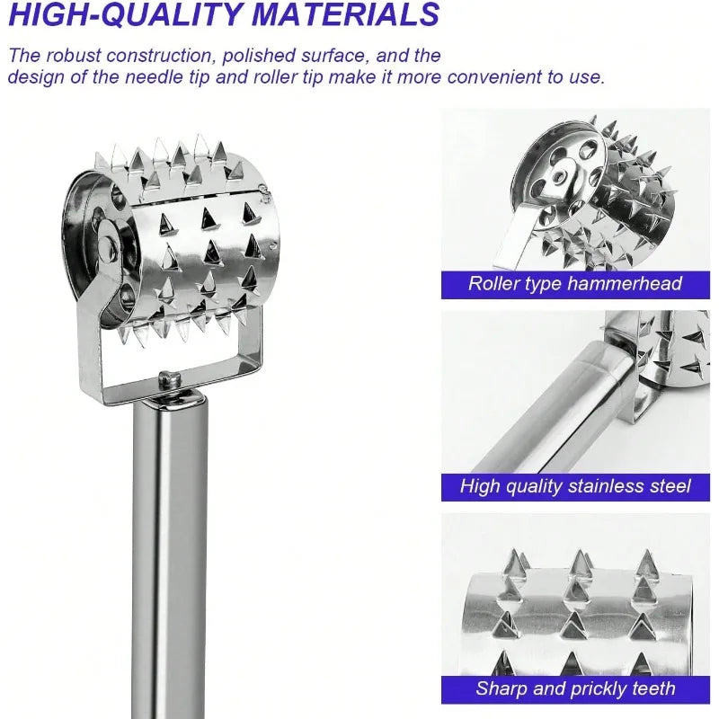 Professional Stainless Steel Meat Tenderizer - Silver Mallet for Steaks,Pork Chops&Marinated Meats, Heavy-Duty Drum Pounder Tool