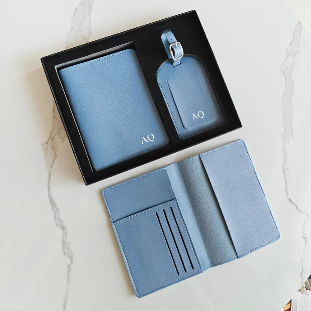 Custom Initials Passport Holder Suitcase Tag Set Luxury  Personalize Name logo Gift Lightweight Travel Accessories Set With Box