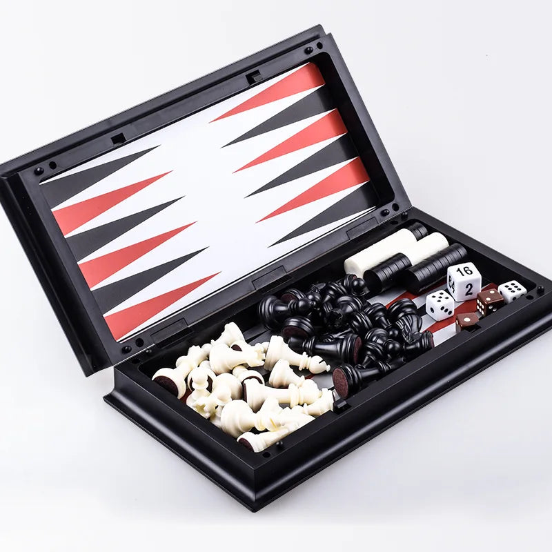 Foldable Magnetic Chess 25CM Checkers Backgammon Game Board 3-in-1 Ideal Tabletop For Family Gathering
