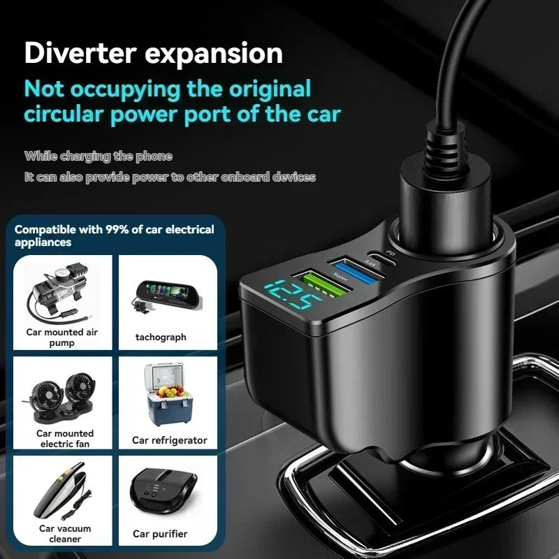 4 in 1 Retractable Car Charger with Voltage Display Cigarette Lighter PD QC 3.0 96W Super Fast Charger for iPhone Huawei Sumsung