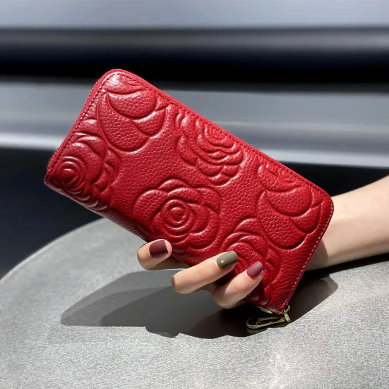 2025 Women's Genuine Leather Long Wallet - Large Capacity Zipper, Embossed Fashion Pattern, Double as Female Phone Bag