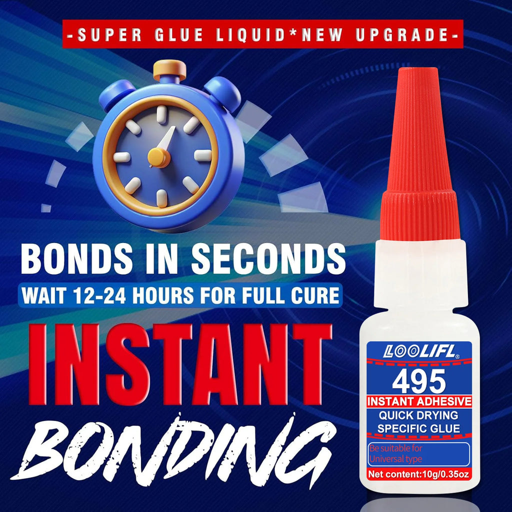 Loolifl 495 Super Glue 10g Fast Curing Instant Adhesive with Precision Tips, Low Odor Multi-Material Cyanoacrylate Glue for Repa