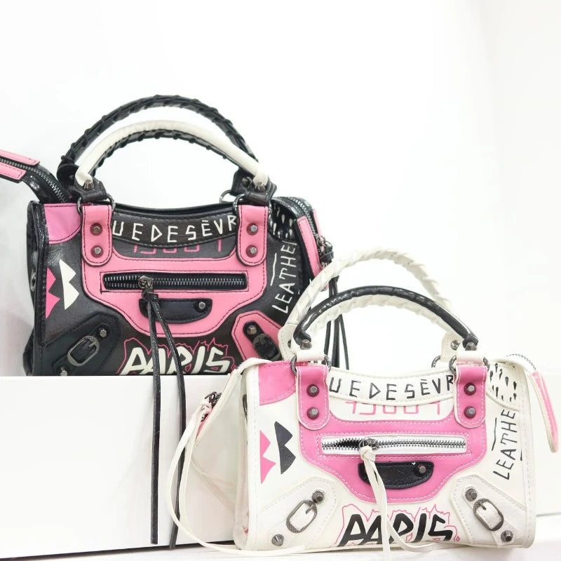 Women Casual Single Shoulder Moto Bag Niche Graffiti Microfiber PU Retro Large Fashion Hand Purse