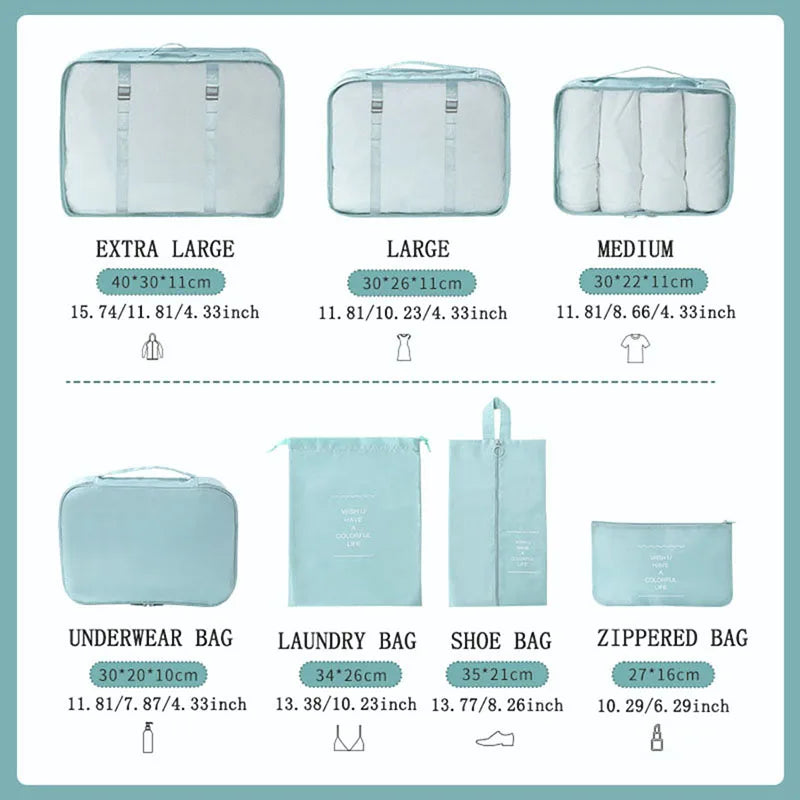 7Pcs Travel Packing Cubes Set Waterproof Luggage Organizer with Drawstring Storage Pouches for Clothes Shoes Underwear - Suitcas