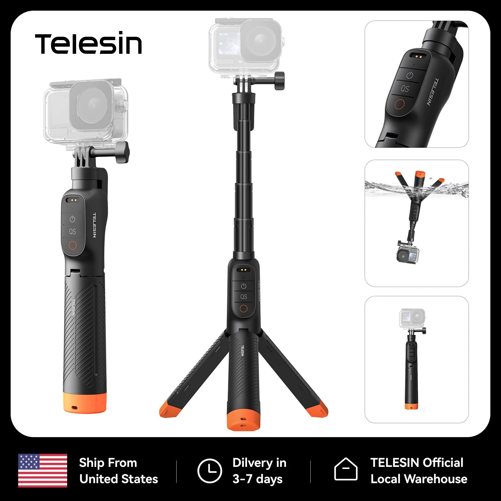 TELESIN Waterproof Bluetooth Floating Selfie Stick Tripod for DJI Osmo Action 6 5 Pro 4 15M Diving Stick 3-in-1 Hand Grip Tripod