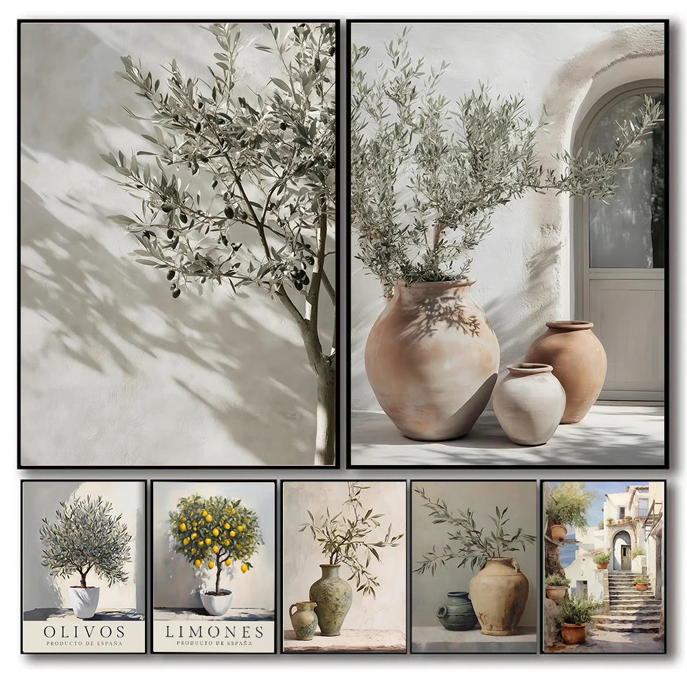 Retro Elegant Olive Tree and Lemon Canvas Poster Vase Wall Art Poster Perfect Gift for Living Room Bedroom Dormitory Home Decor