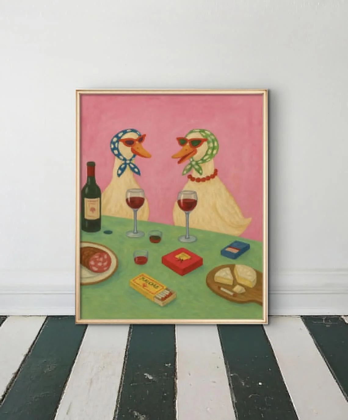 Duck Wine Party Art Print, Quirky Animal Poster, Retro Wall Art with Ducks and Wine, Fun Dining Room or Kitchen Decor