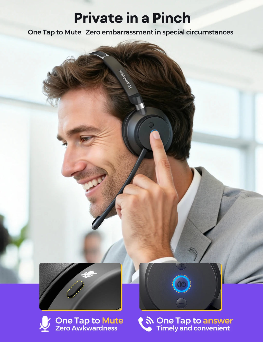 RownFusny Wireless Headset with Mic for Work Bluetooth & USB Dongle Computer Headset for Office/Home/CallCenter/Teams/Zoom/Skype