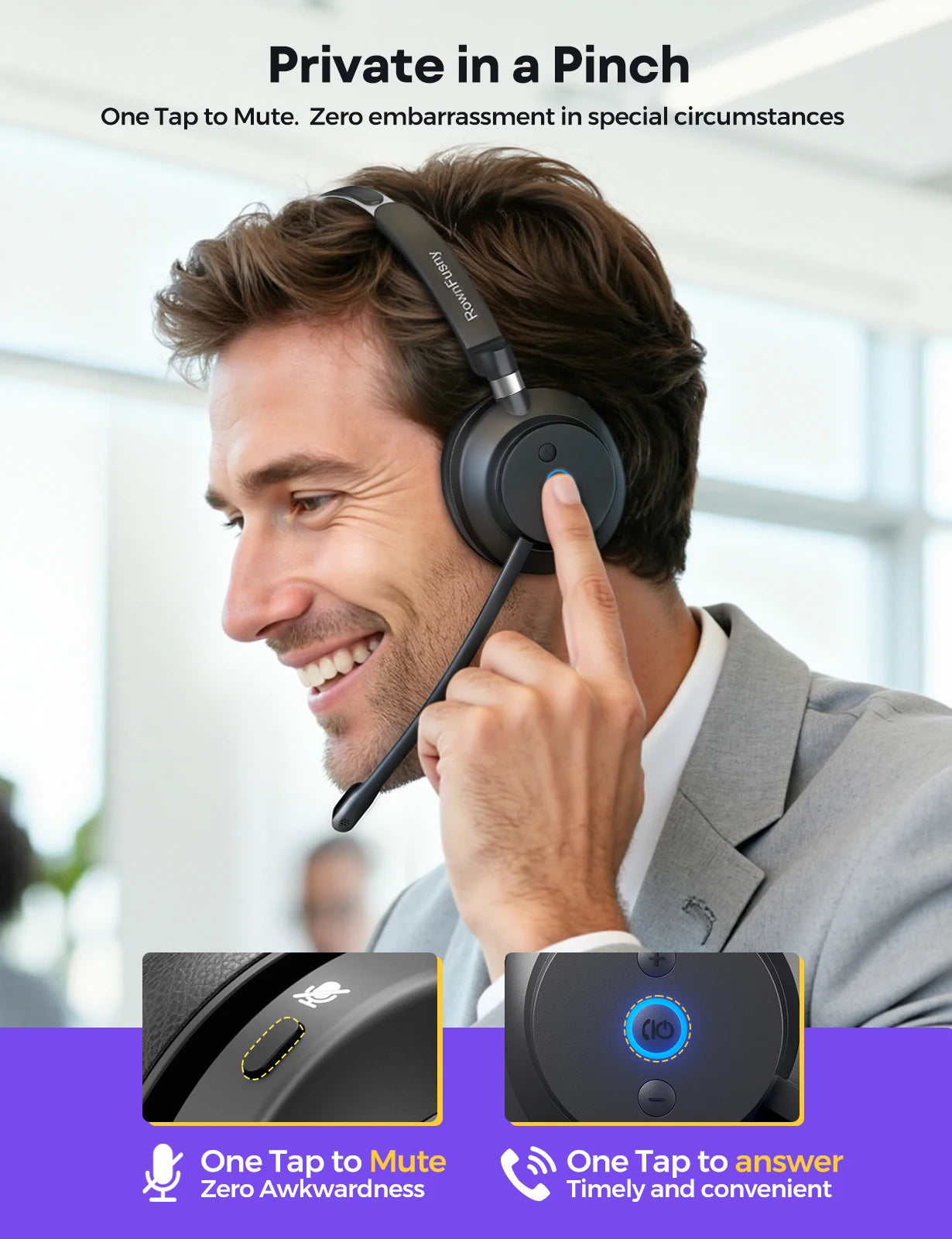RownFusny Wireless Headset with Mic for Work Bluetooth & USB Dongle Computer Headset for Office/Home/CallCenter/Teams/Zoom/Skype