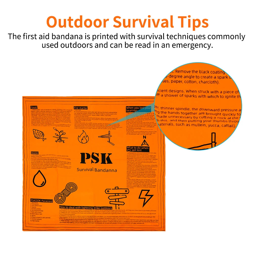 Survival Bandana with Survival Whistle, Easy to Read Tips and High Vis Orange Emergency Kit for Camping, Hiking, Emergency