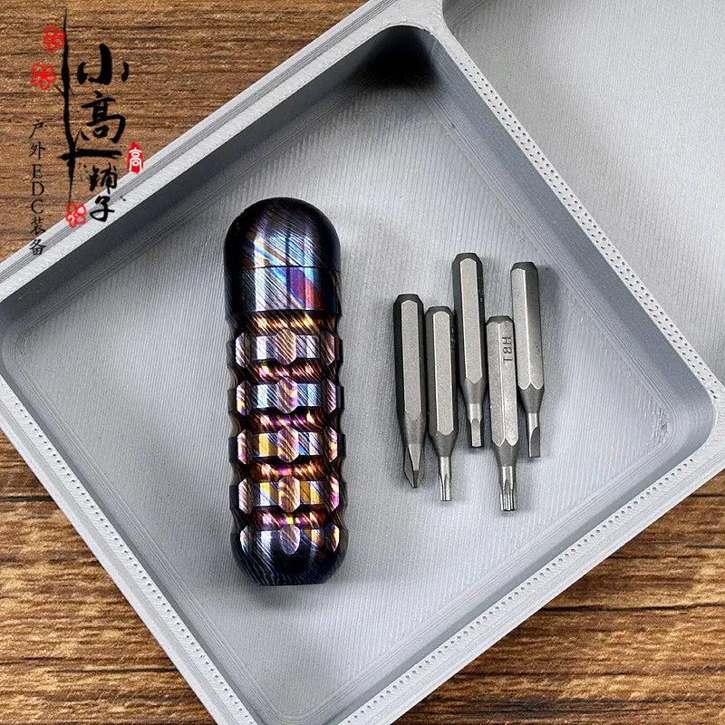 Titanium Damascus EDC Multi-Tool | Portable Screwdriver Bit Holder & Waterproof Canister