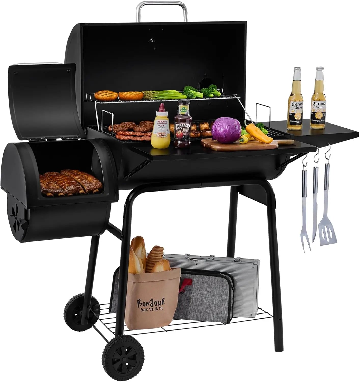 Charcoal Grill Offset Smoker: Charcoal Barbecue Grills with Spacious Cooking Area | Barrel BBQ Grill Smokers Combo for Outdoor