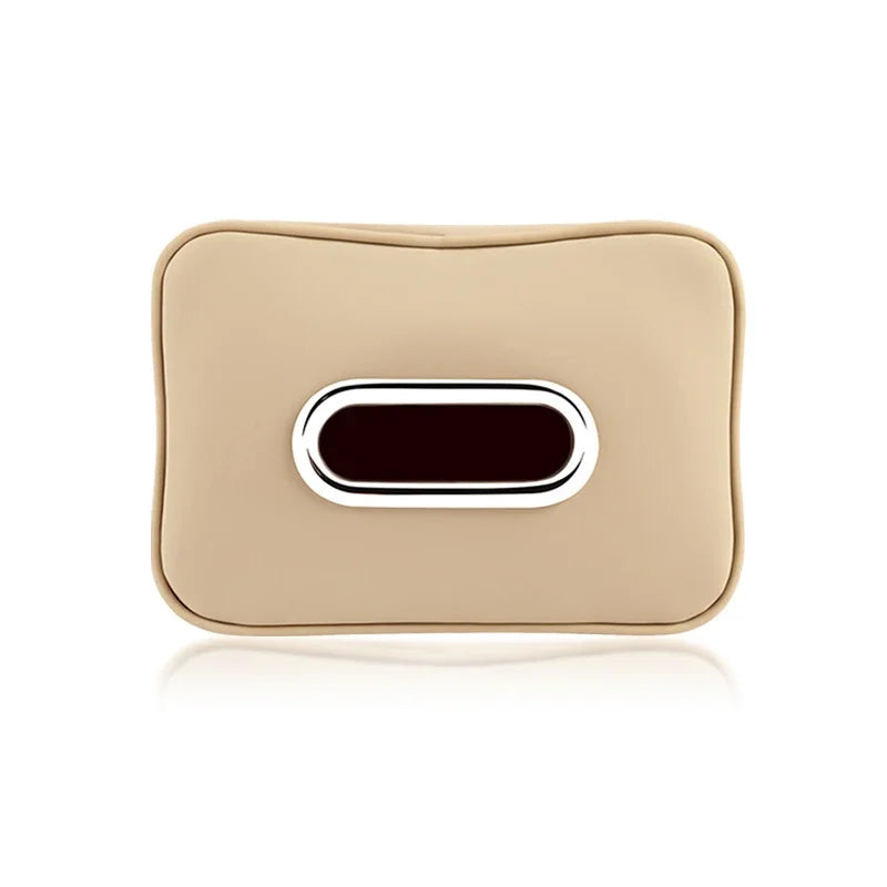 Universal Black Leather Car Tissue Bag with Chrome Metal Opening Hanging Headrest Napkin Box Cover