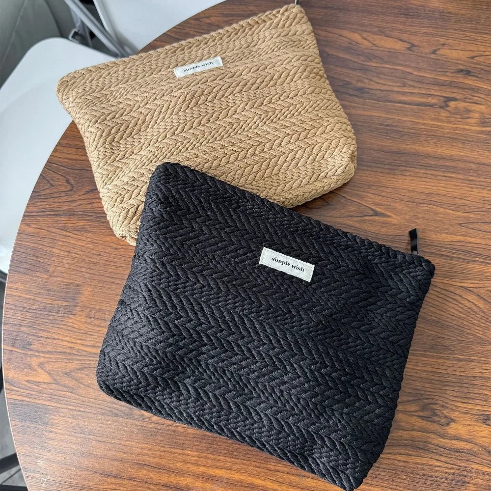 Simple Solid Color Woven Texture Clutch Bag for Woman, Fashion Rice Ear Pattern Large Capacity Makeup Bag, Portable Storage Bag