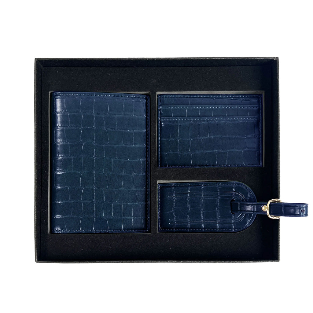 Free Custom Name Initial Gift Box Set Crocodile Leather Passport Cover  Luggage Tag Cardholder Travel Accessories