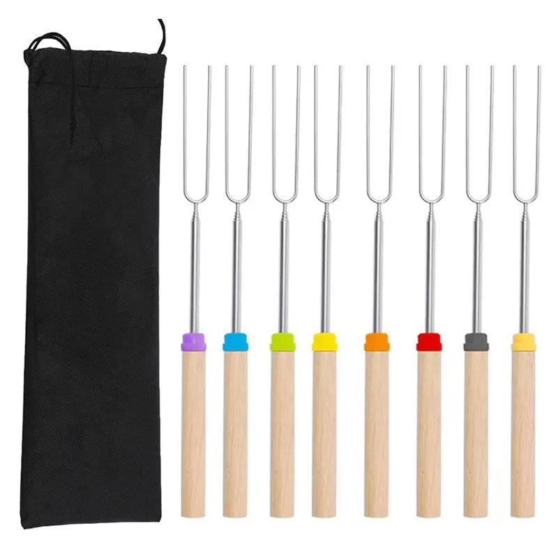 D2 8Pcs Barbecue Skewers Camping Supplies Extendable Roasting Sticks Grill Stainless Steel BBQ Grill Telescoping Smores Skewers