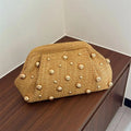 Straw Woven Metal Studded Cloud Lock Frame Evening Clutch Bag,Chic Summer Beach Party Purse,Lightweight Elegant Resort Handbag