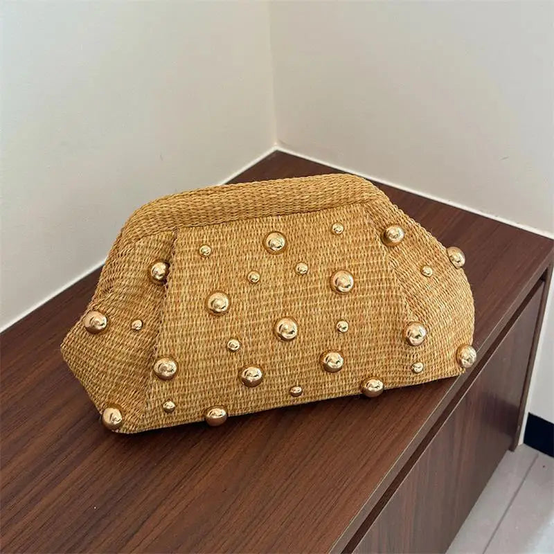 Straw Woven Metal Studded Cloud Lock Frame Evening Clutch Bag,Chic Summer Beach Party Purse,Lightweight Elegant Resort Handbag
