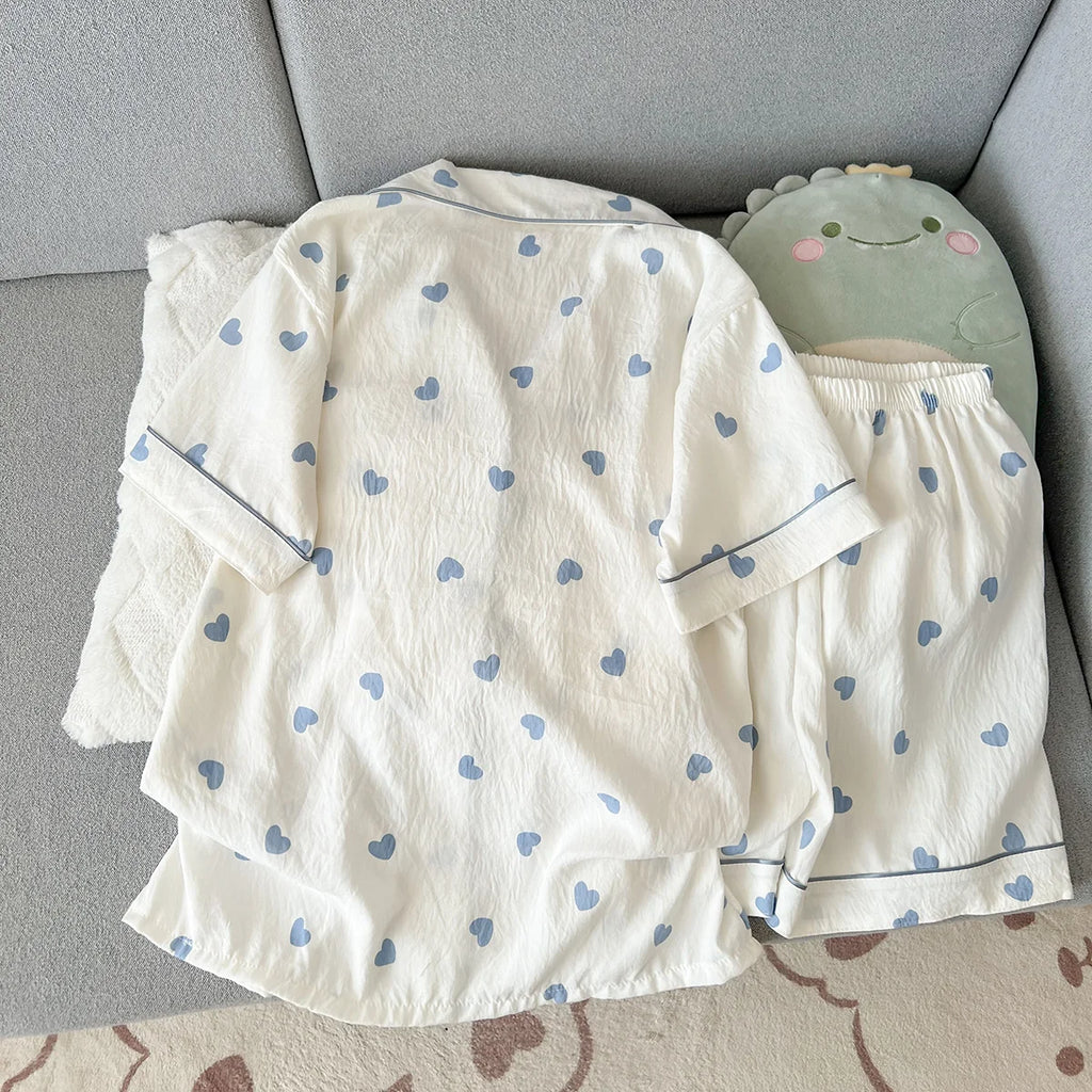 Women's Summer Thin Pajamas with Heart-Shaped Pattern, Short-Sleeved Shorts, Sweet and Cute, Can Be Worn Outside in Summer, Two-Piece Home Wear Set