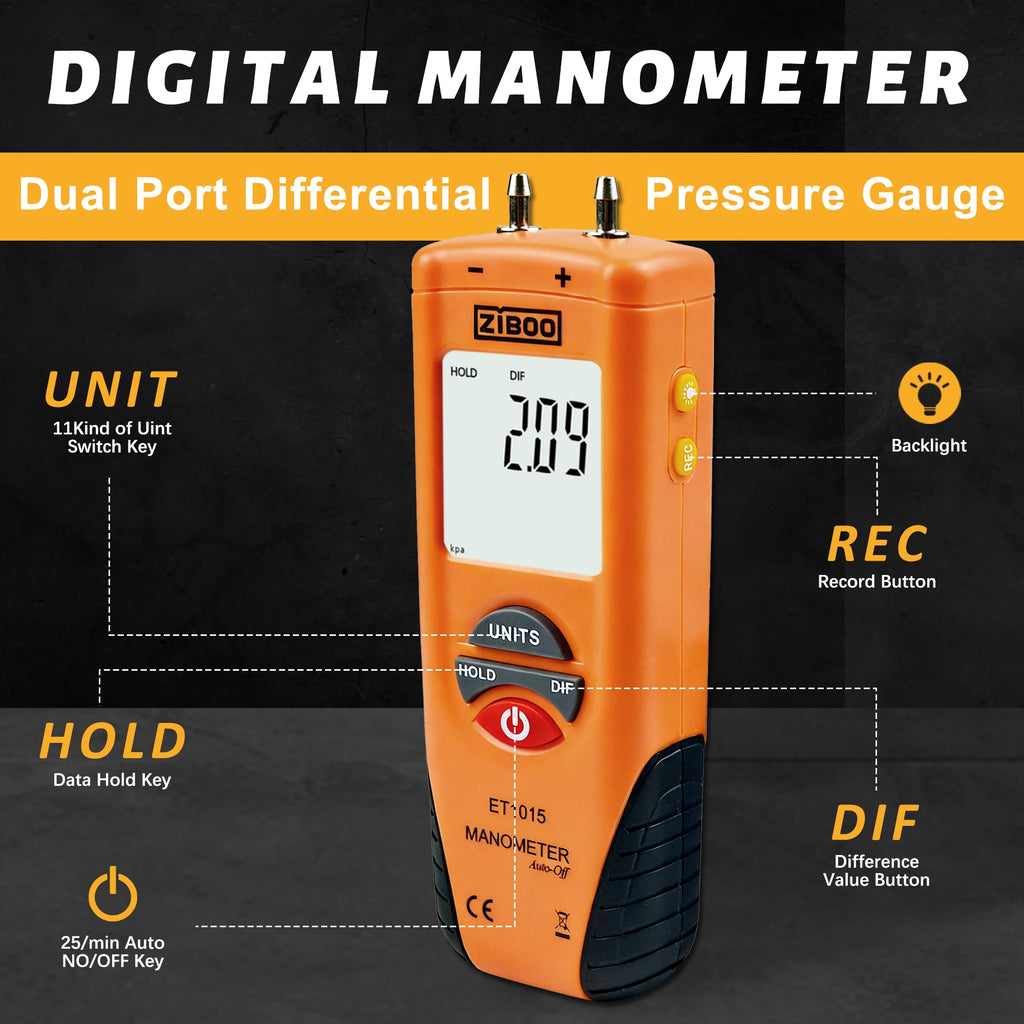 ZIBOO ET1015 Digital Manometer, Dual Port Differential Pressure Gauge, ±100 PSI Air and Gas Pressure Tester.