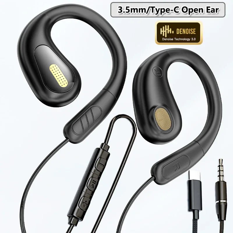 Wired Open Ear Sports Gaming Headset 3.5mm Type-C Not-in Ear Headphones Hifi Sound Music Earphone with ENC MIC for Clear Calls