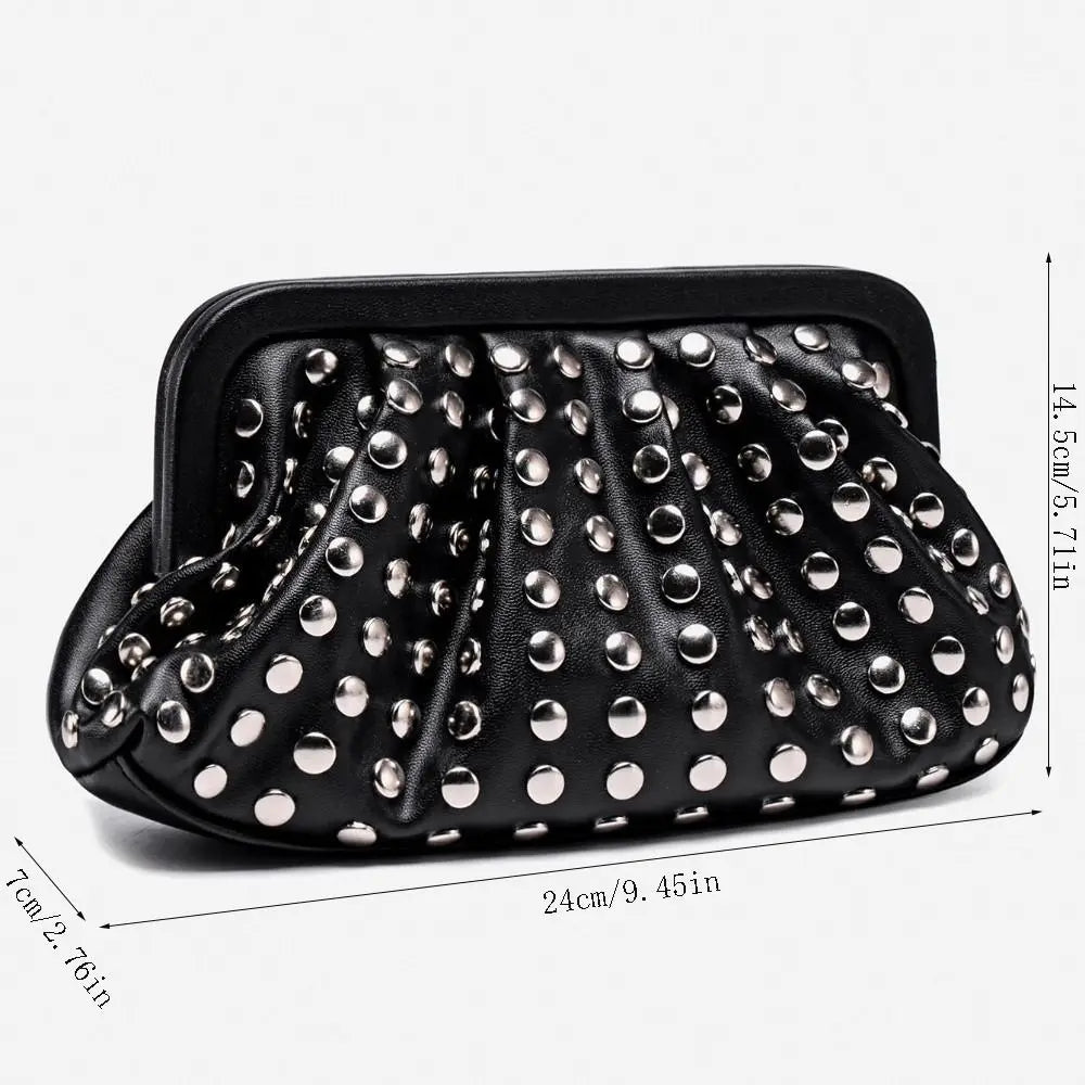 Vintage Clutch Purse Rivet Detail PU Leather Shell Shape Wallet Magnetic Buckle Pleated Design Handheld Evening Bag for Women
