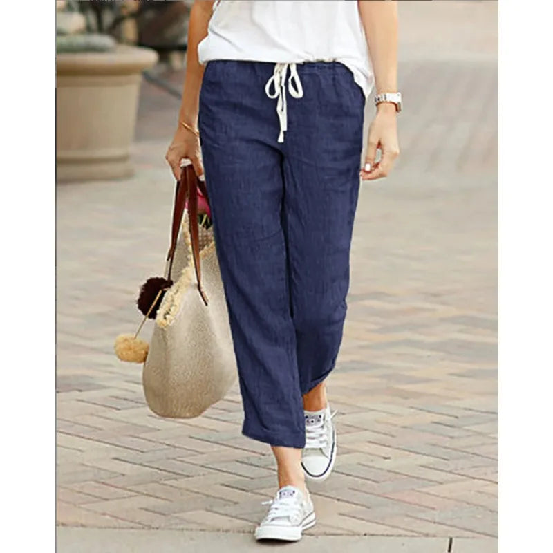 2025 New Fashion Nine-minute Trousers Solid Colour Loose Leisure Drawstring Elastic Waist Cotton Pants