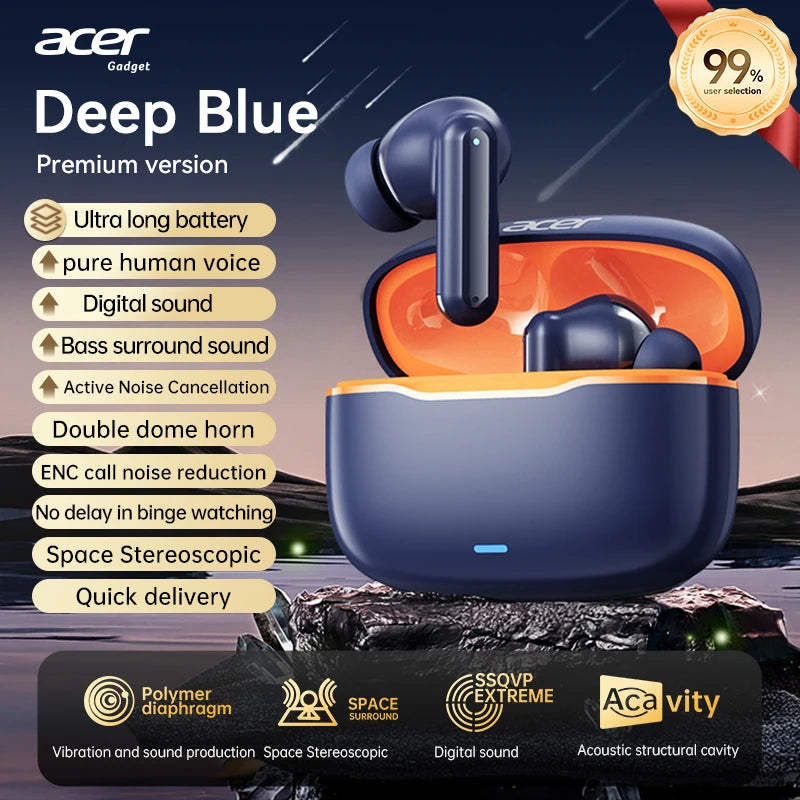 Acer In-Ear Wireless Bluetooth Headphones with Anc Active Noise Reduction, Hd Calls, Dolby Surround Sound, Large Battery, Long Battery Life, No Delay for Music and Games, Suitable for Sports, Running, and Fitness Use