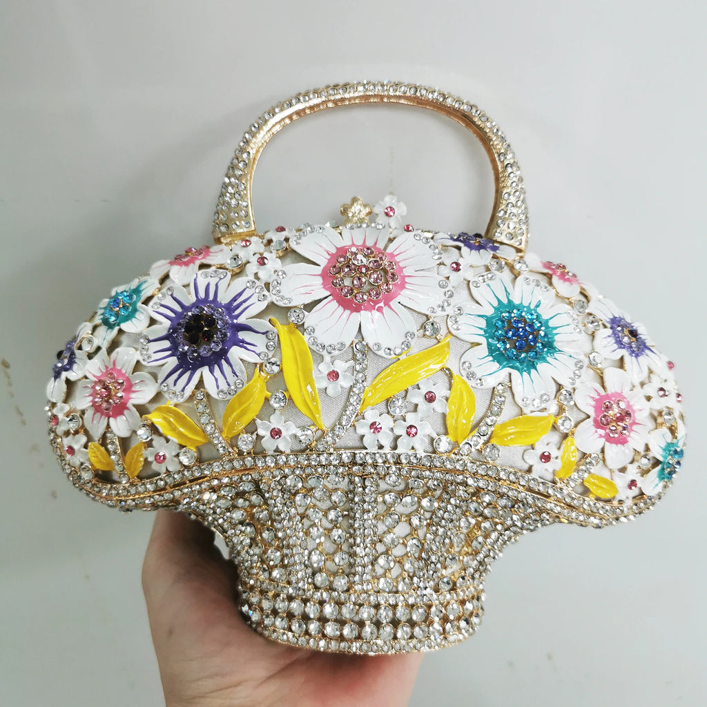 WHTUOHENG Women's Rhinestone Embellished Flower Leaves Basket Clutch Bag Luxury Diamond Evening Purse Crystal Bridal Handbag