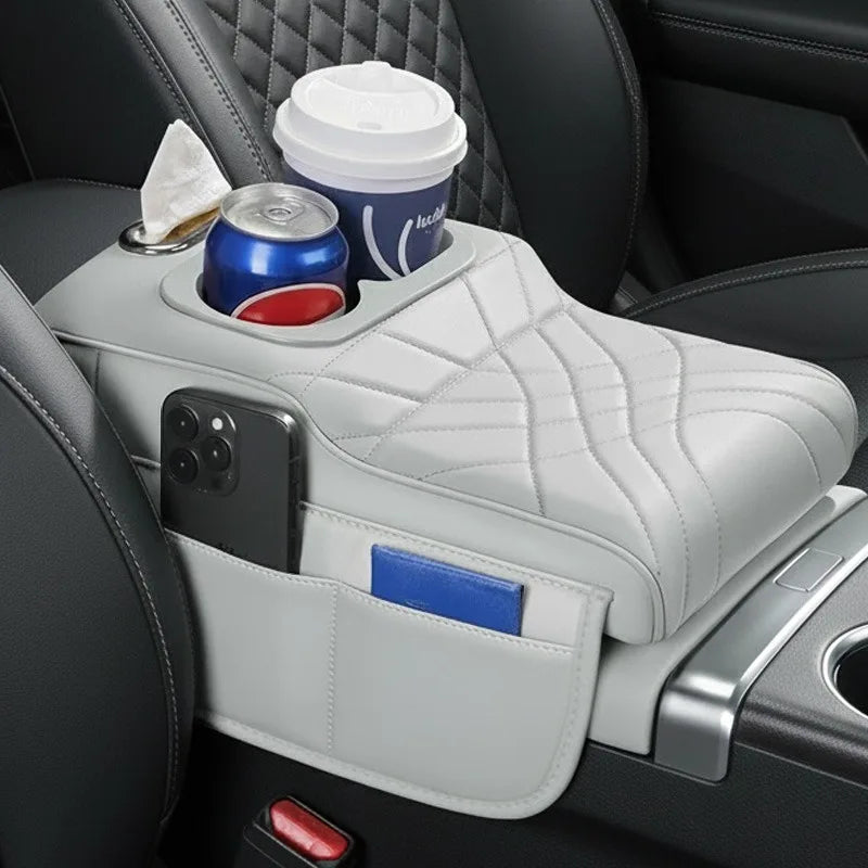 High-Low Style Car Armrest Box Cushion-An Armrest Cover with 2Side Pockets,2Cup Holders and 1 Tissue Box.Suitable for Most Cars