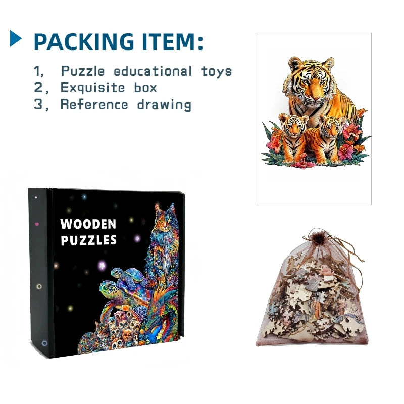 Unique Brain Training Animal Shape 3D Tiger Animal Jigsaw Puzzle Educational Wooden Toy Gift for Adults Kids Interactive Games