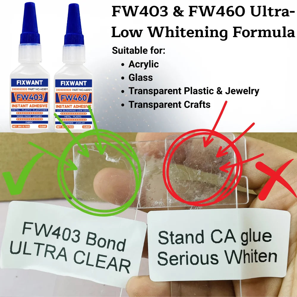 Low Blooming Instant Adhesive 20g - Low Odor Clear Non-Whitening Super Glue for Acrylic, Glass, Transparent Plastic & Jewelry