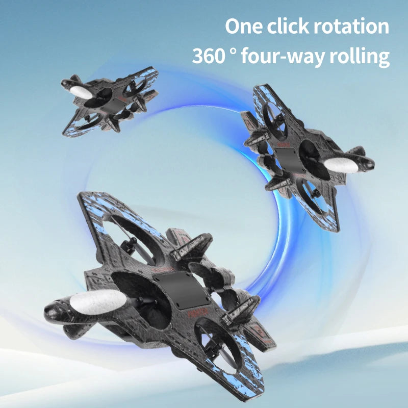 2.4G Remote-Controlled Foam Fighter Plane with Stunt Flips, Hover Capabilities, and Colored Lights.