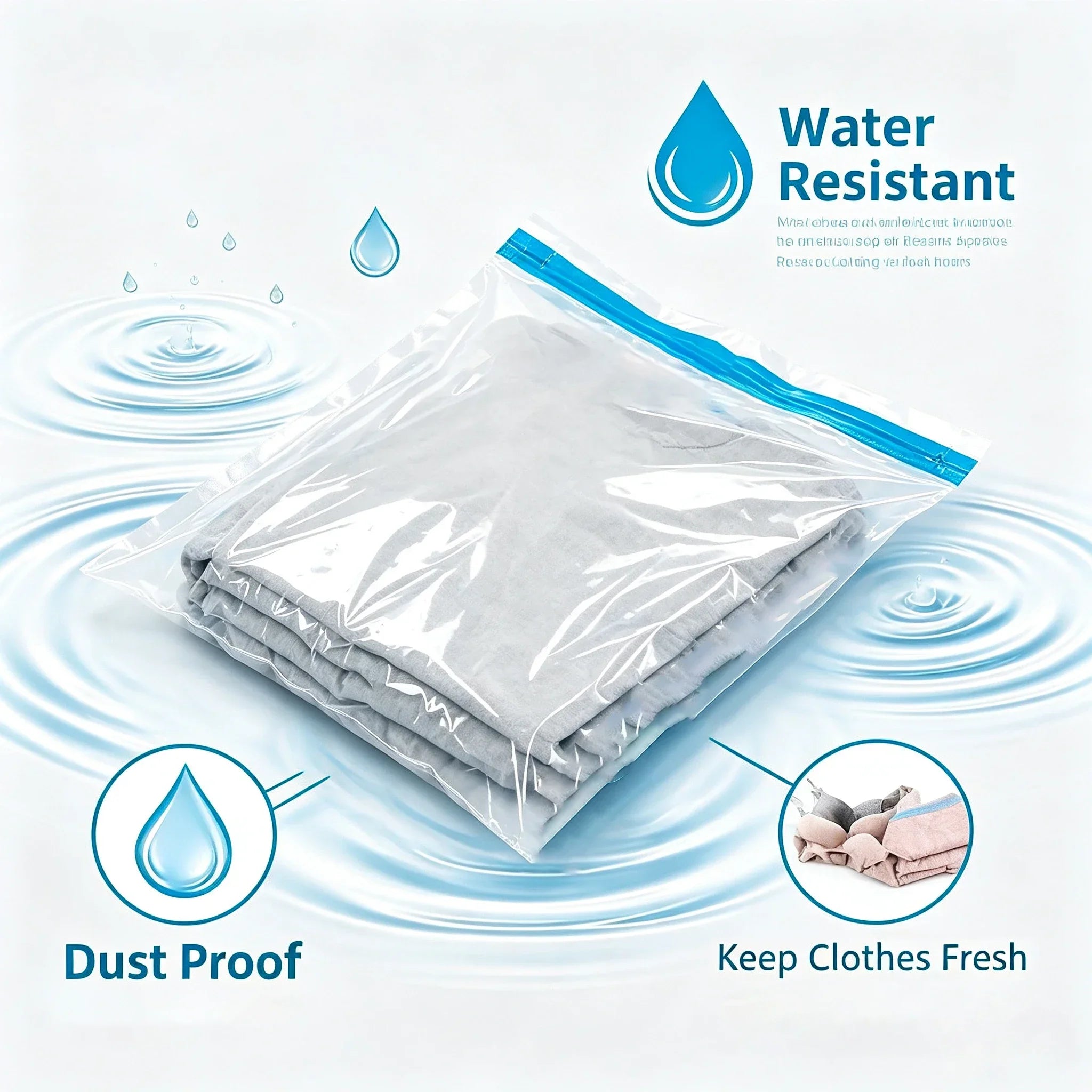 Vacuum Compression Storage Bags Travel Space Saver Hand Roll No Pump Reusable, Waterproof Double Zipper Clothes Organizer 3Sizes