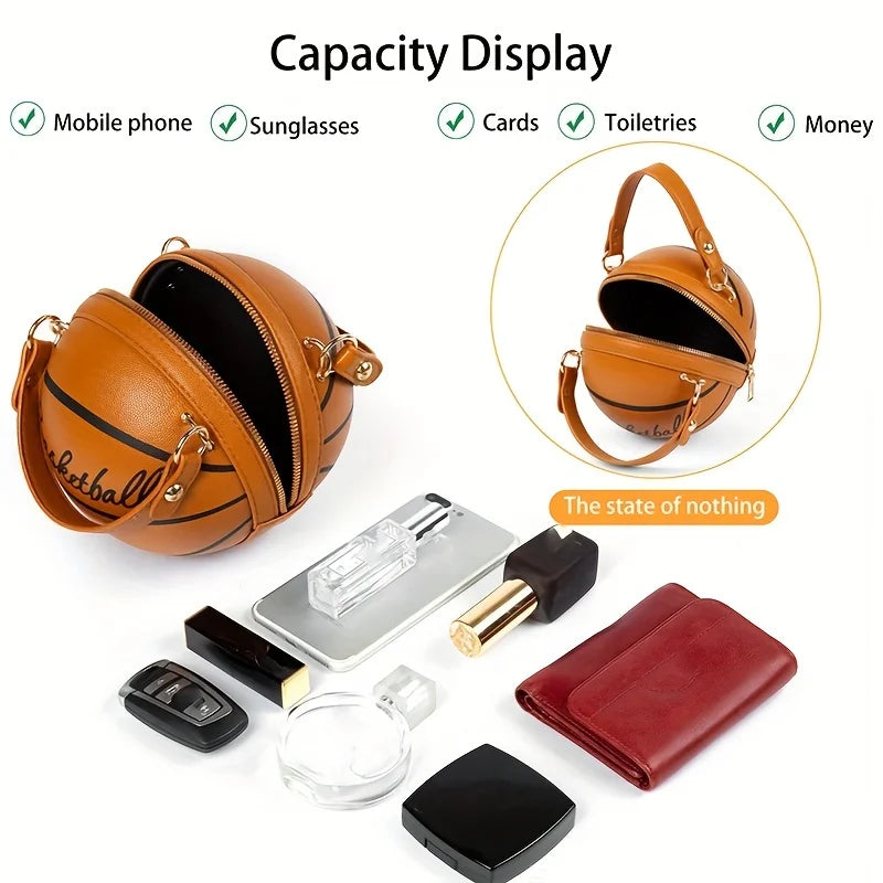 Basketball Shaped Crossbody Bag, Trendy Y2K Chain Shoulder Bag, PU Leather Top Handle Circle Purse Purses and Handbags Hand Bags