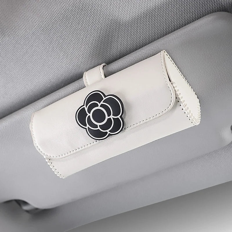 Camellia Flower Leather Car Glasses Holder Universal Sunglasses Case Sunshade Organizer Storage Box Auto Interior Accessories
