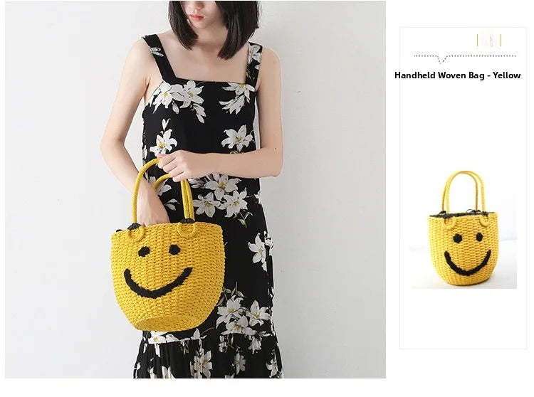 2025 Summer New Smile Face Bucket Straw Woven Handbag Kawaii Small Beach Bag City Simple Style Double Strap Drawstring Closure
