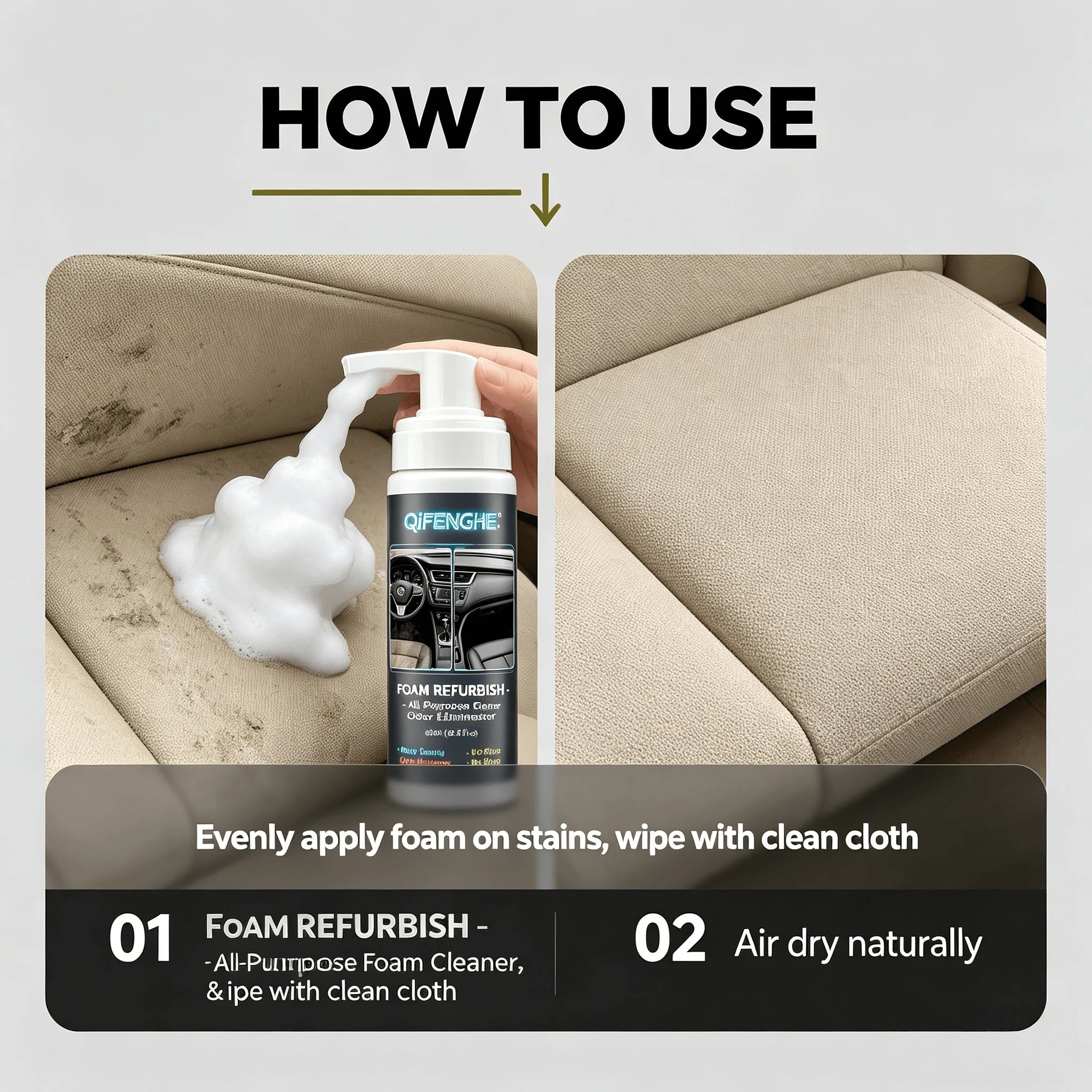 200ML No Rinse Car Foam Cleaner with Sponge Multi-Purpose Auto Interior Deep Cleaning Foam Odor Eliminator for Leather Seat Dash