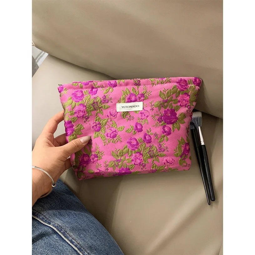 Floral Pattern Canvas Mini Bag Travel Portable Toiletry Pouch Casual Coin Purse Hand Storage Bag