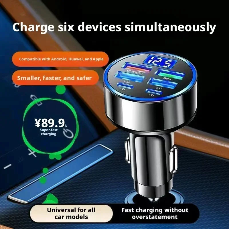 Fast Car Charger 6USB Ports Digital Display LED Cigarette Lighter Adapter Multi-Port Quick Charge For iPhone Samsung Xiaomi