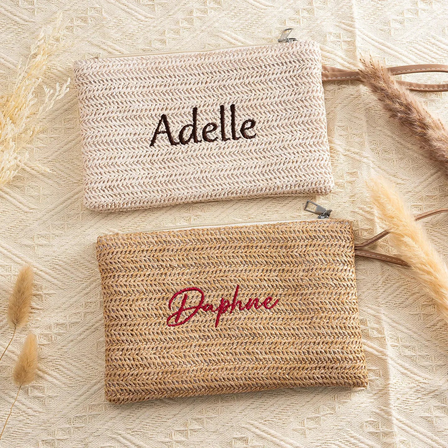 Boho Straw Woven Clutch Bag Custom Name Embroidery Zipper Pouch Women Girls Portable Coin Wallet Beach Vacation Accessories