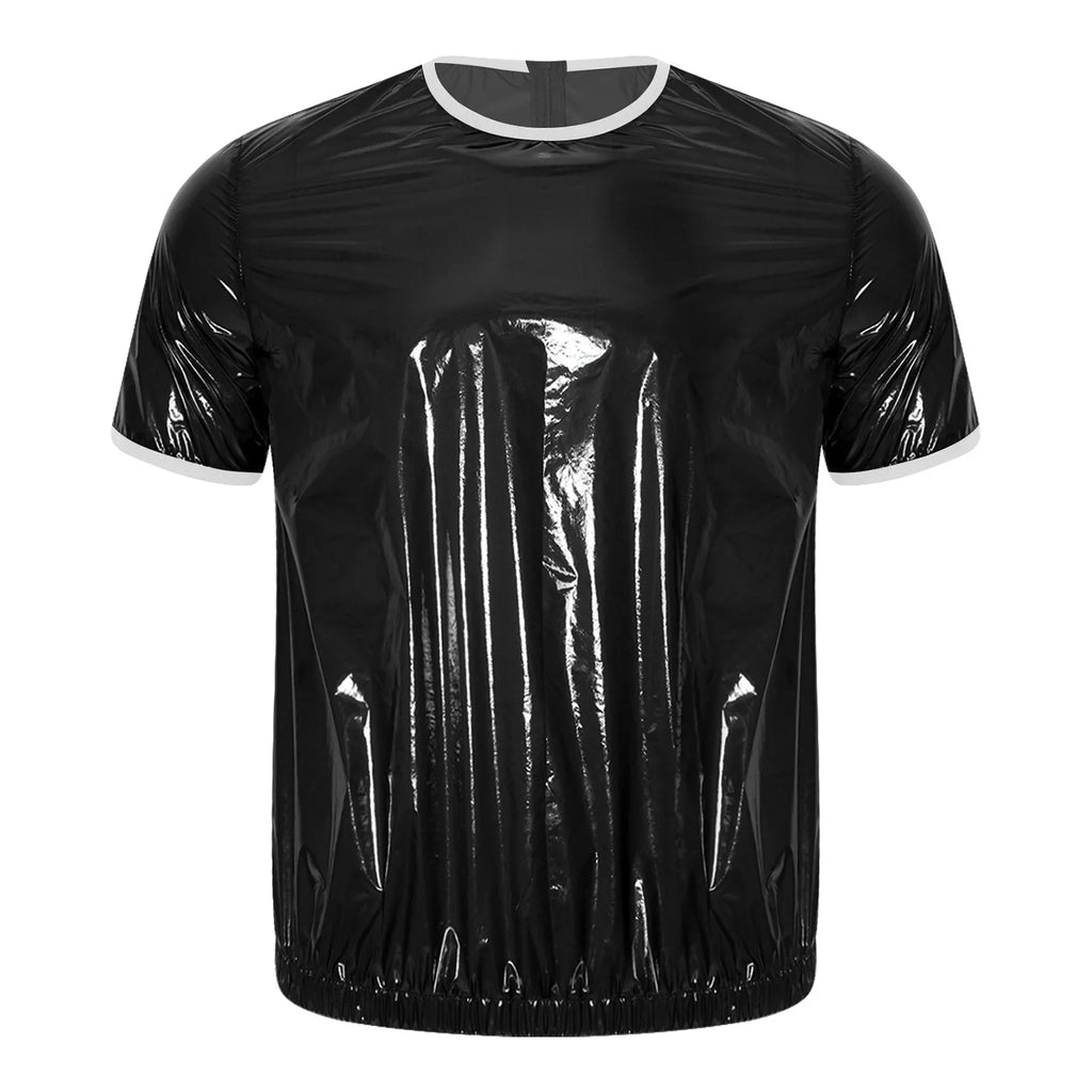 Men Glossy Waterproof Outfit Short Sleeve T-shirt Top with Shorts Built-in Briefs Swimwear Beachwear Clubwear Cycling Sportswear