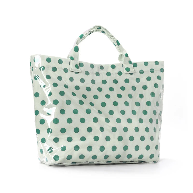 Korean Style Polka Dot Tote Bag PVC Waterproof Large Capacity Handbag Travel Shoulder Bag Shopping Portable Lightweight Casual