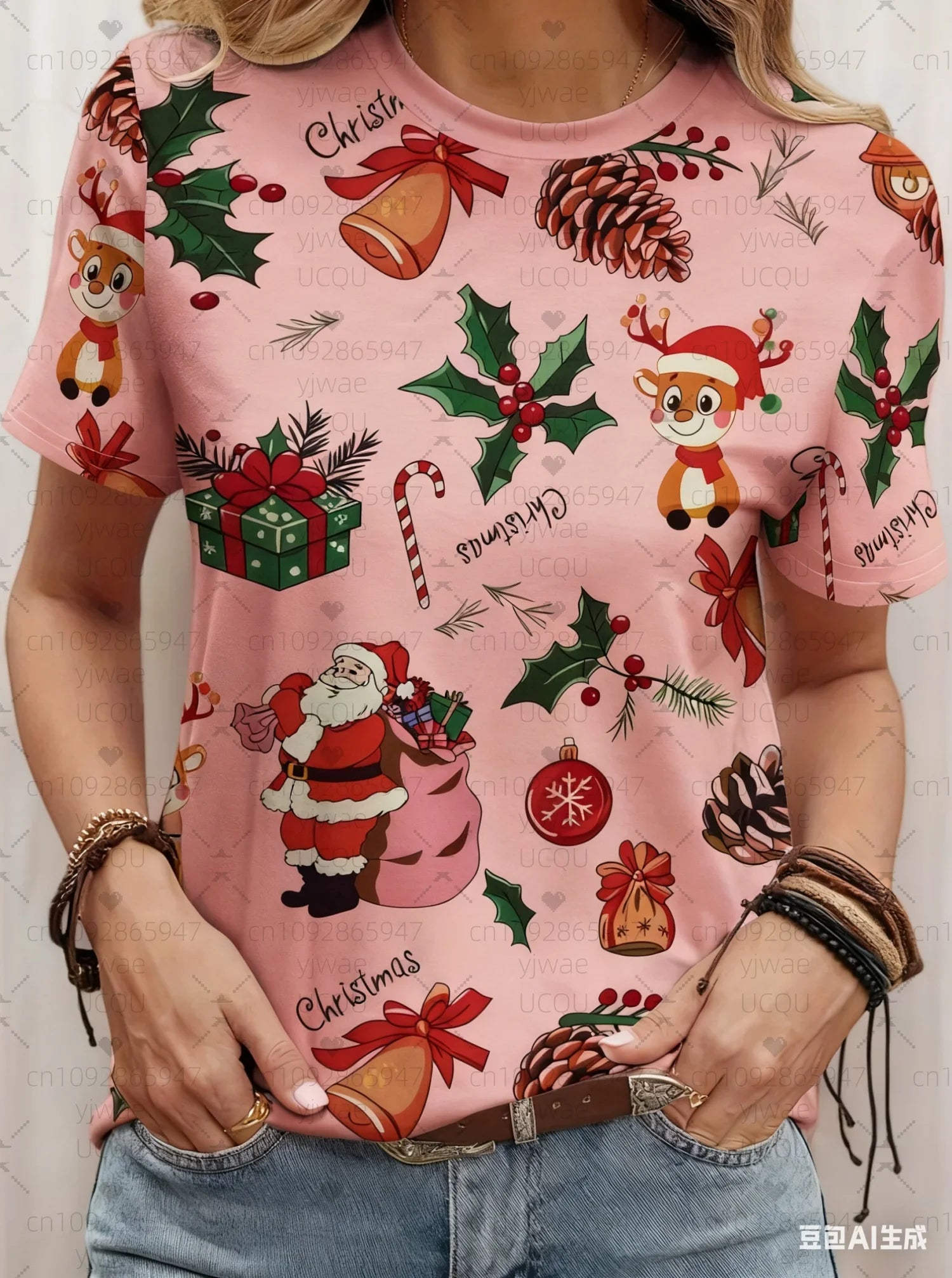 plus size Tee Casual Lightweight Sport Daily Tee ﻿ Christmas Santa Claus reindeer print Women O-Neck Short Sleeve T-Shirt