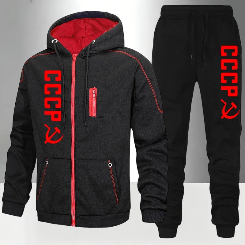 Men's Set/Coat/Pants CCCP Fashion Tracksuit Zipper Hooded Coat & Sweatpants Fall Winter Daily Casual Sports Jogger Sportswear