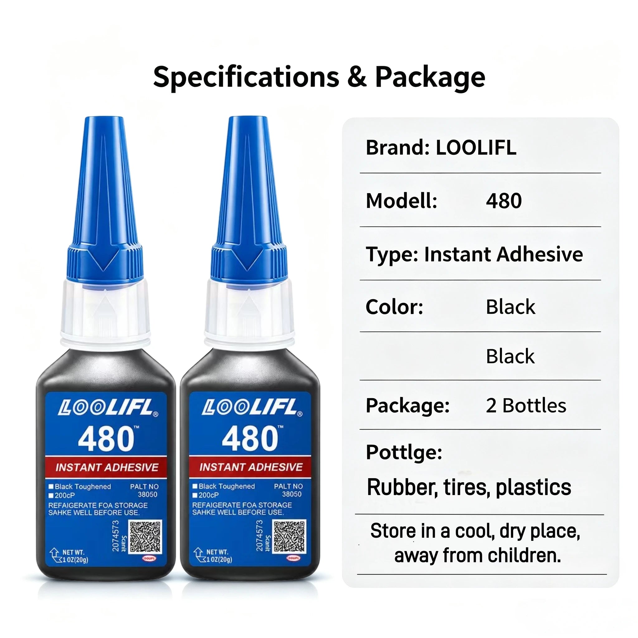 2 Bottles LOOLIFL 480 Rubber Repair Glue, Instant Strong Adhesive for Tire, Rubber, Plastic, Leather, Shoe and Auto Seal Repair