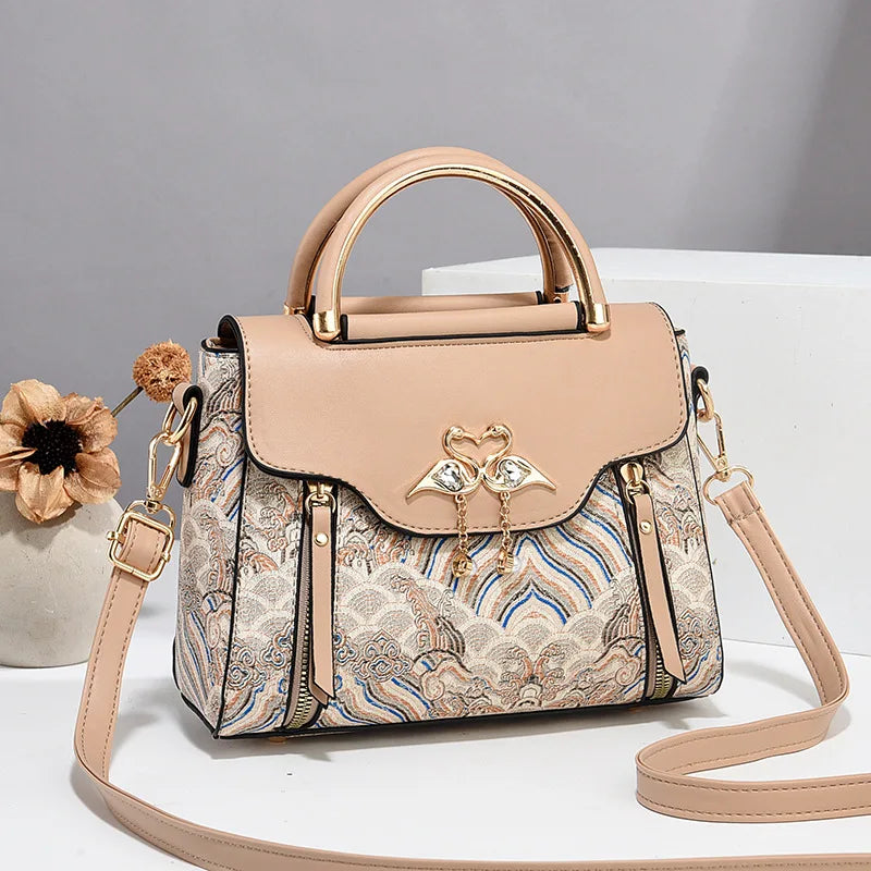 Classic Top Handle Satchel with Swan Rhinestone, Convertible Crossbody Bag with Detachable Strap for Elegant Women's Handbag