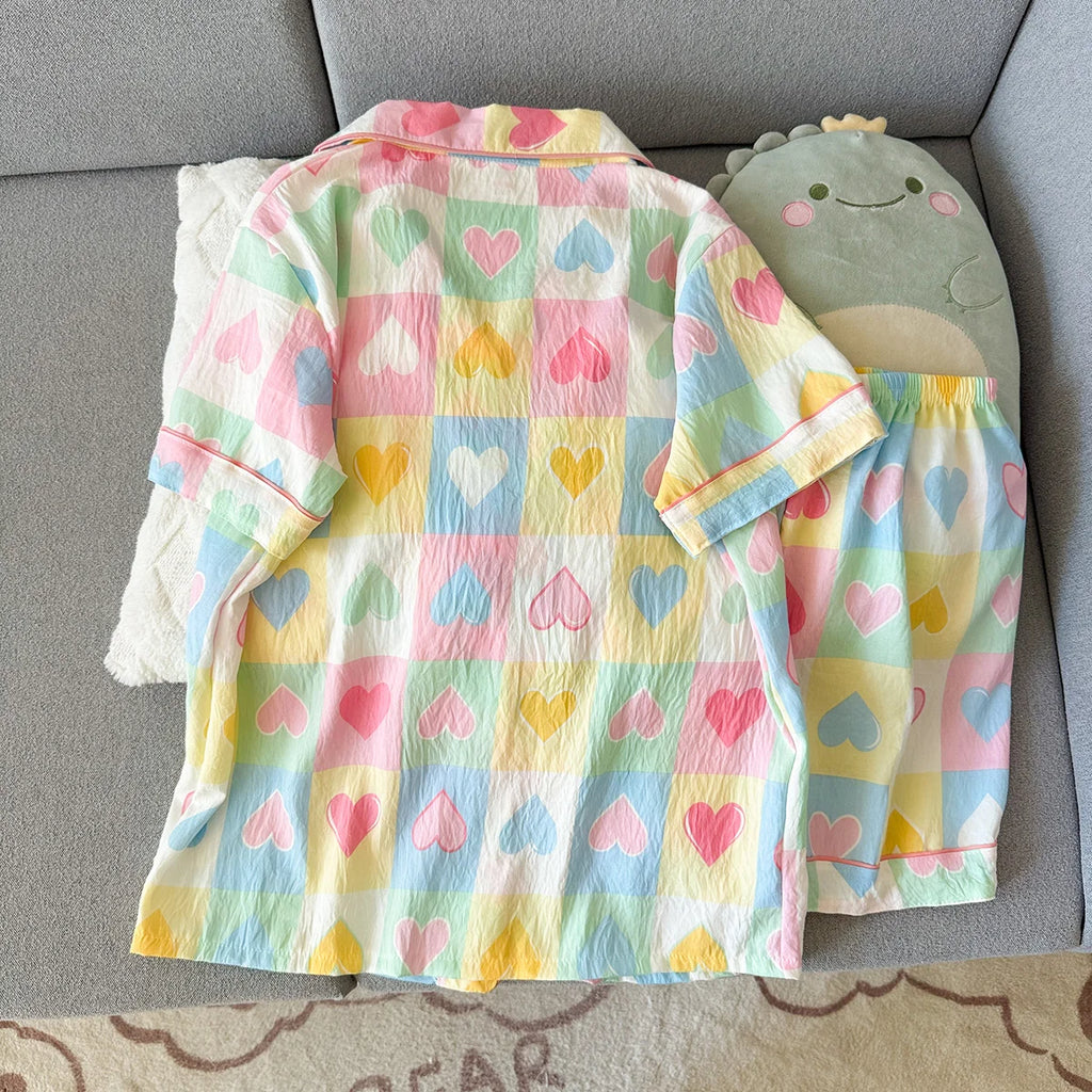 Women's Summer Thin Pajamas with Plaid Heart-Shaped Pattern, Short-Sleeved Shorts, Sweet and Cute, Can Be Worn Outside in Summer, Two-Piece Home Wear Set